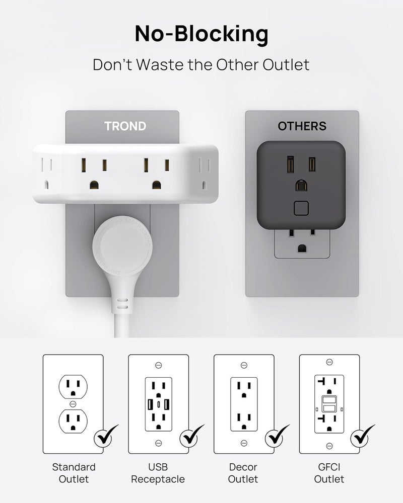 TROND Outlet Extender Surge Protector - Multi Plug Wall Outlet with 4 Grounded Sockets, 3 Way Angled Plug Adapter, 900J, Electrical Wall Splitter for Home Office Travel Dorm Room, White - Image 4